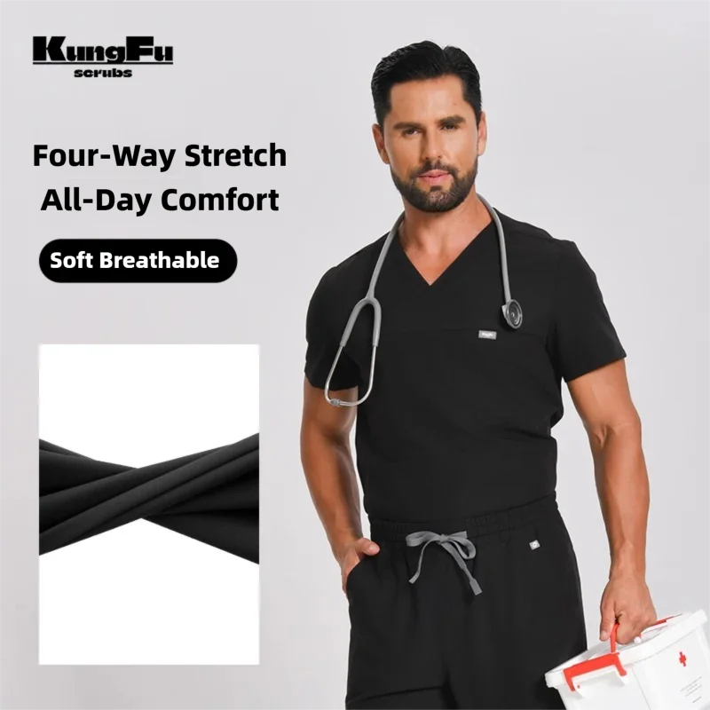 Medical Lab Uniform - カンフースクラブ メンズ手術用ユニフォーム スクラブ Vネックトップ 抗菌看護Tシャツ ソフトで通気性のある半袖