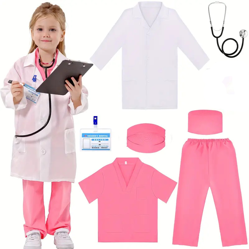 Medical Lab Units - 子供のための医師と看護師のコスプレ衣装,白い実験室のコート,アクセサリー付きのユニフォーム,医療,ドレスアップ,クリスマス,ハロウィーンの贈り物,男の子と女の子,7個