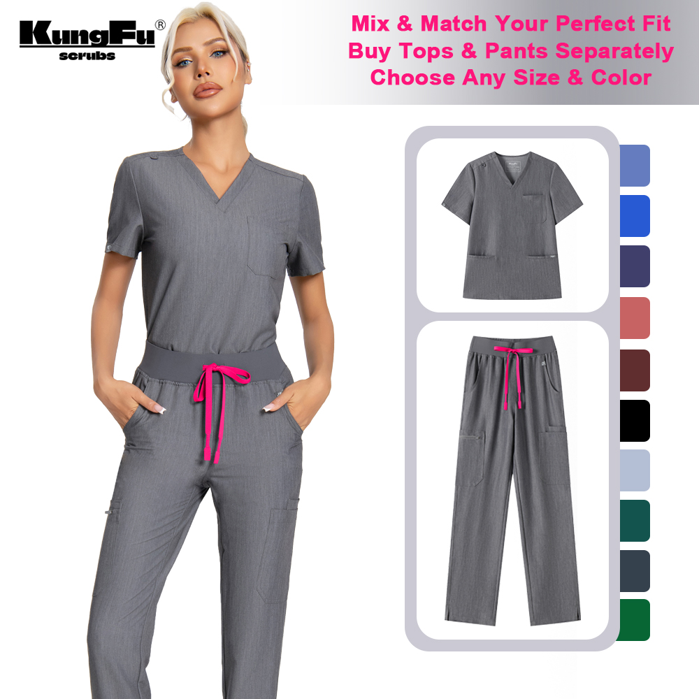 カンフースクラブ女性看護師スクラブ医療ユニフォームトップ抗菌 - Medical Lab Uniform のレビューと価格