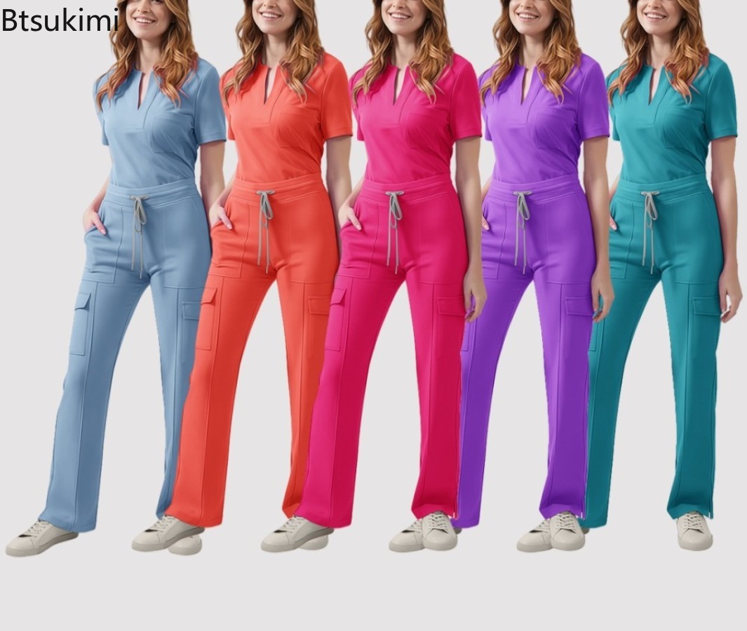 医療スクラブ制服女性ナーススクラブセットポケットトップ +  - Medical Lab Uniform のレビューと価格
