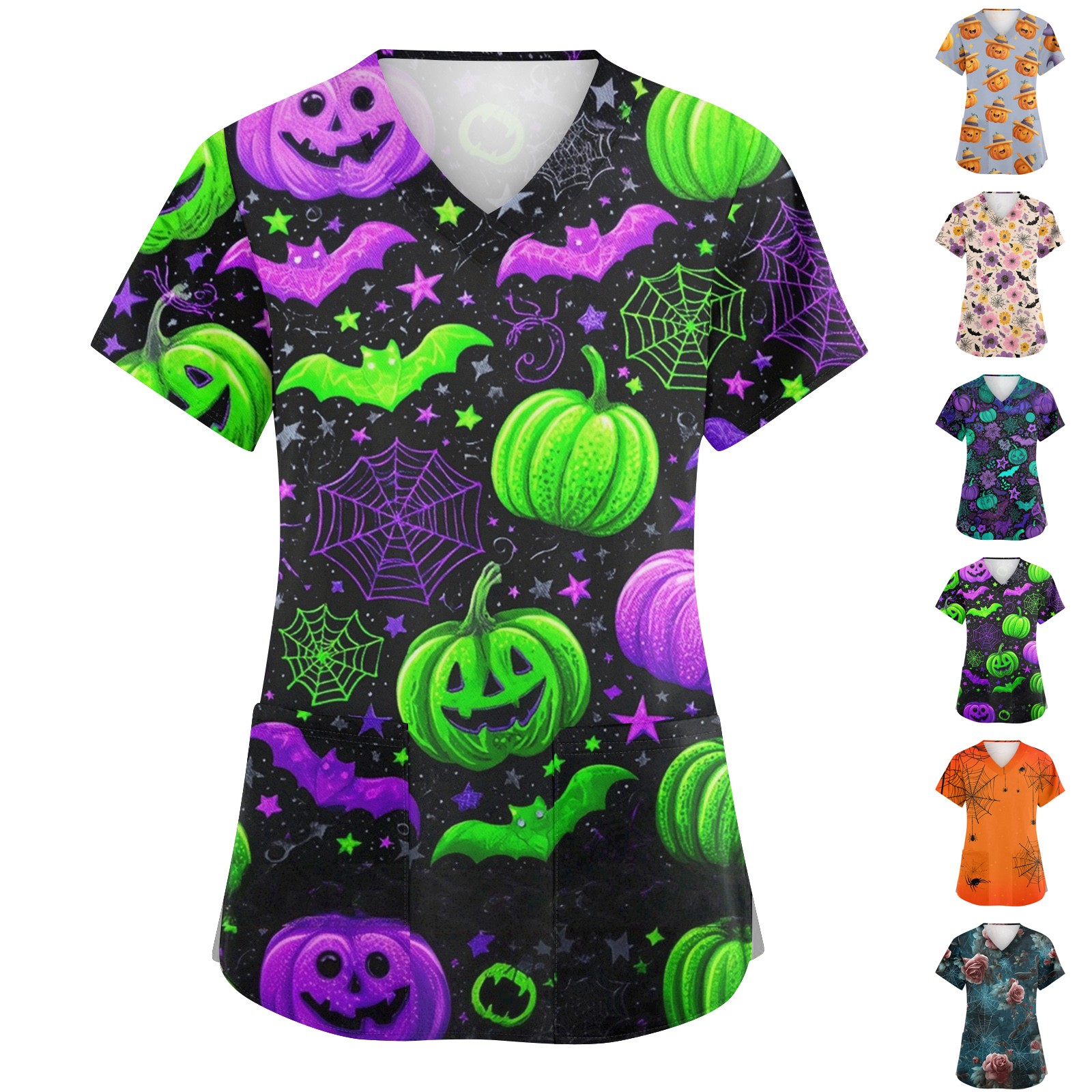 女性の医療制服ハロウィンプリント歯科手術服 V ネック半袖黒 - Medical Lab Uniform のレビューと価格